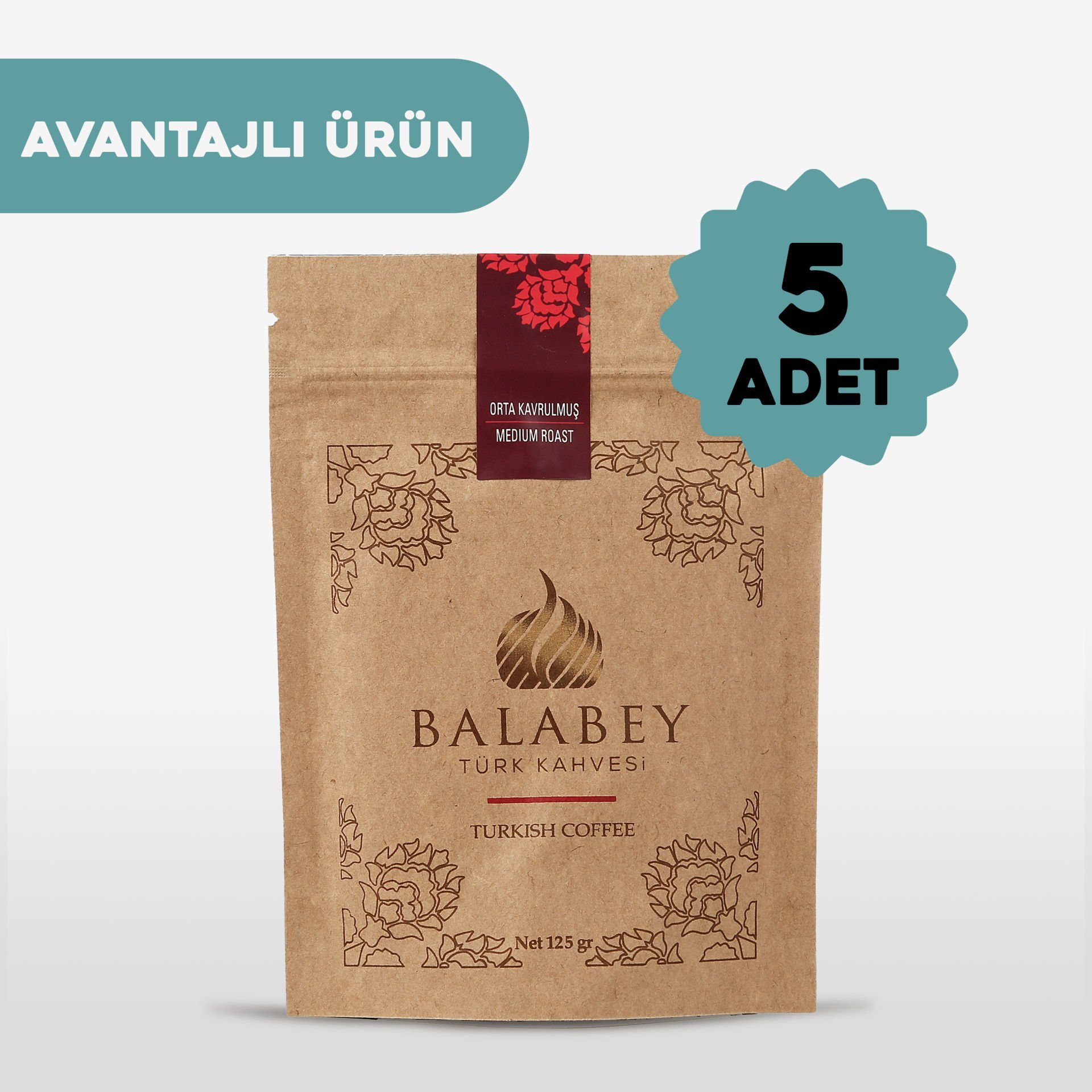 Balabey Orta Kavrulmuş Türk Kahvesi Kraft Paket 125g X 5 Adet
