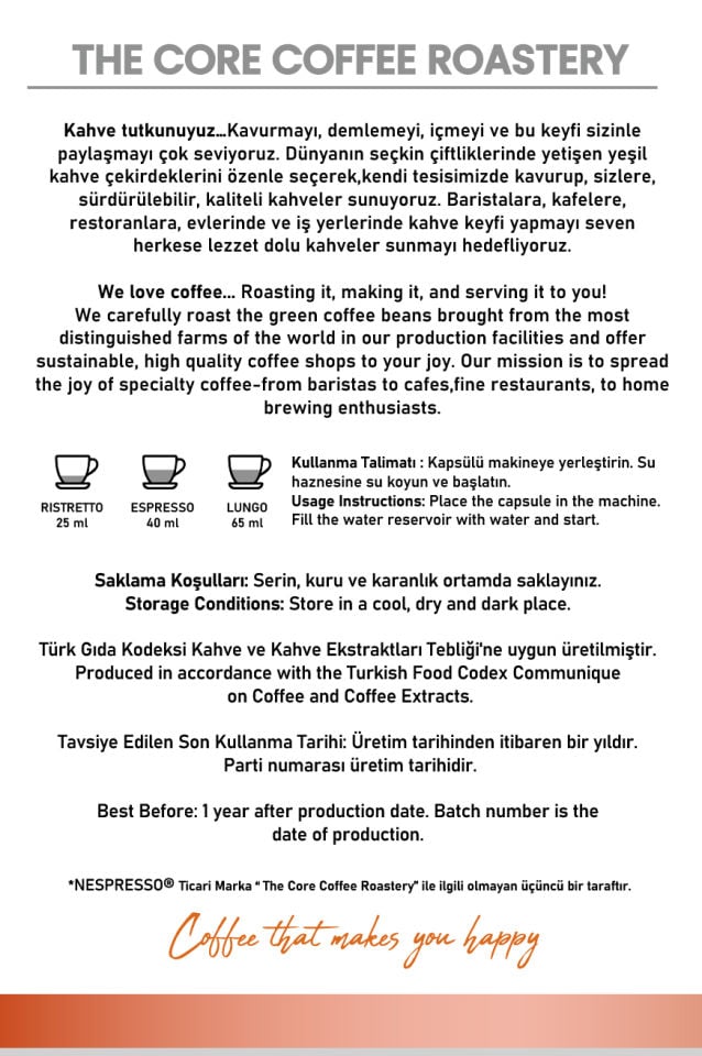 The Core Honduras Kapsül Kahve 10 Adet Nespresso Uyumlu Alüminyum Kapsül